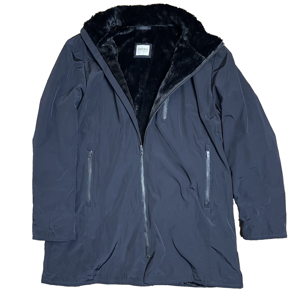 Armani Collezioni faux-fur-lined men's nylon jacket Size 44 Blue
